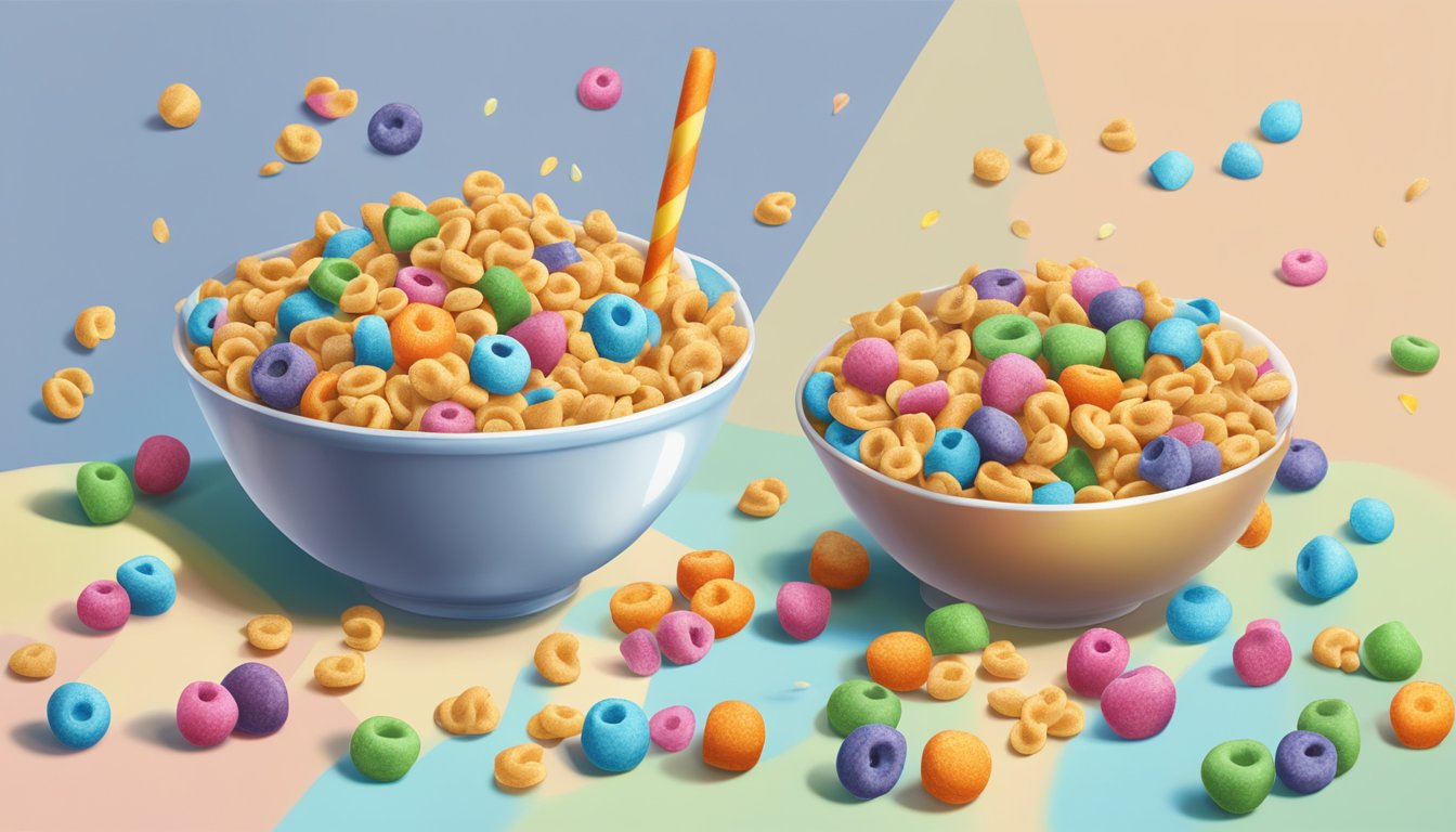 A bowl of Kaboom cereal next to a bowl of Lucky Charms, surrounded by various fruits and a glass of milk