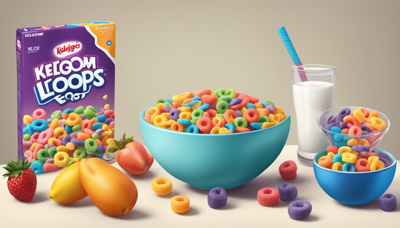 A bowl of Kaboom cereal next to a bowl of Kellogg's Froot Loops, surrounded by various fruits and a measuring tape