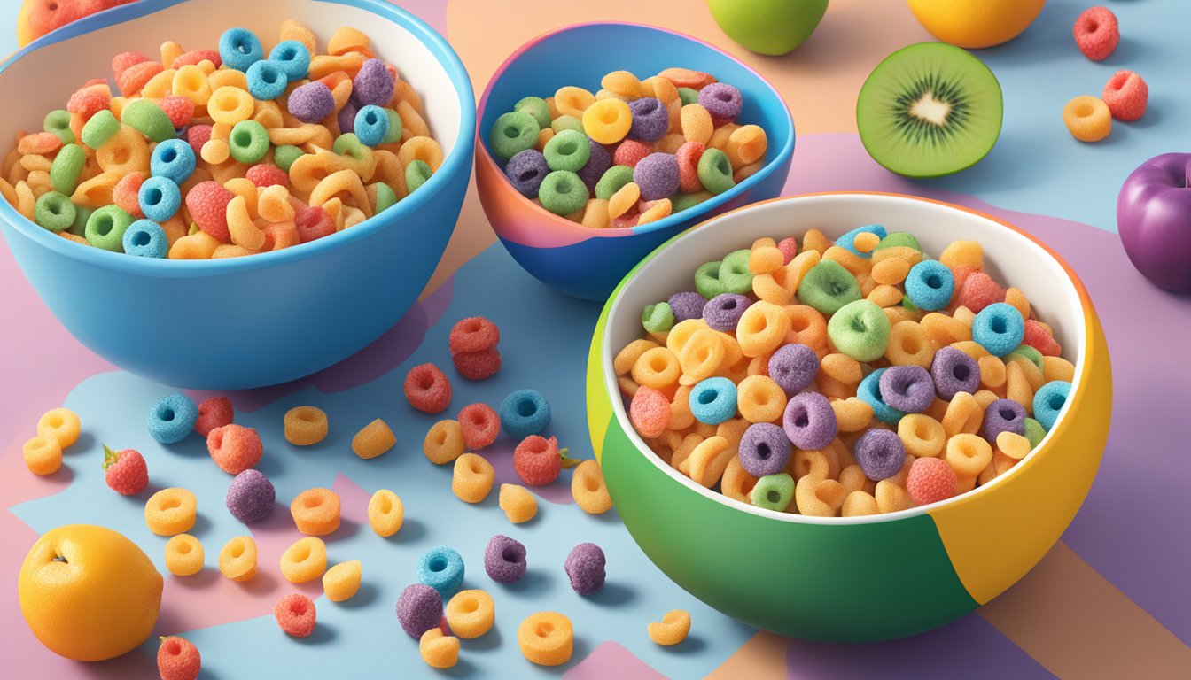 A bowl of Kaboom cereal next to a bowl of Kellogg's Froot Loops, surrounded by various fruits and a nutrition label