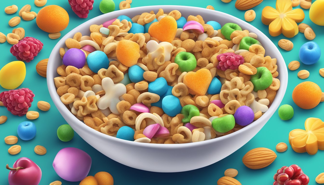 A bowl of Kaboom and Lucky Charms cereals surrounded by a variety of ingredients such as fruits, nuts, and sugar