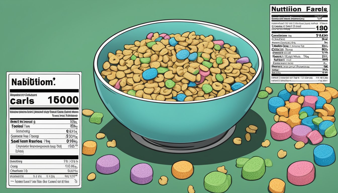 A bowl of Kaboom and Lucky Charms cereal with nutritional labels and a scale for comparison