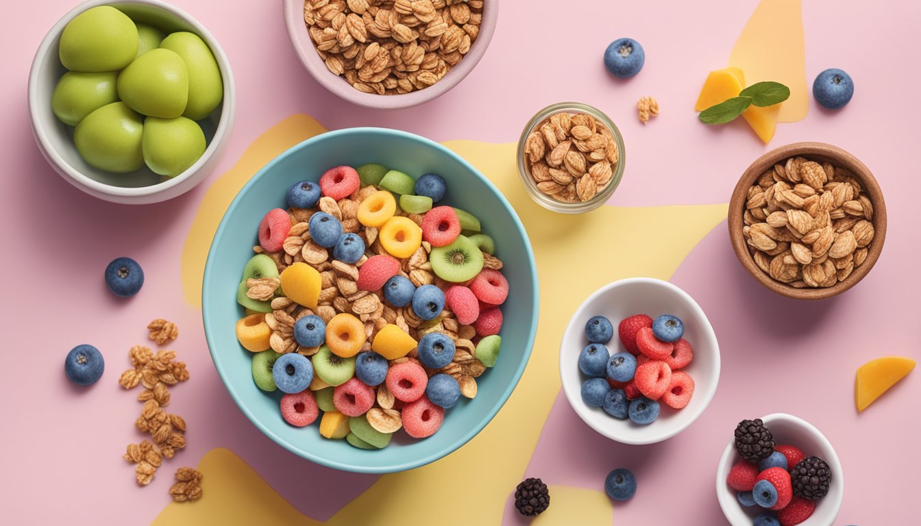 A colorful bowl of Kellogg's Froot Loops next to a bowl of organic granola with fresh fruit, surrounded by images of nature and sustainability