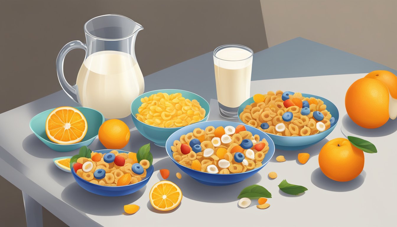 A table with colorful bowls of cereal, fruit, and yogurt, surrounded by a glass of orange juice and a pitcher of milk