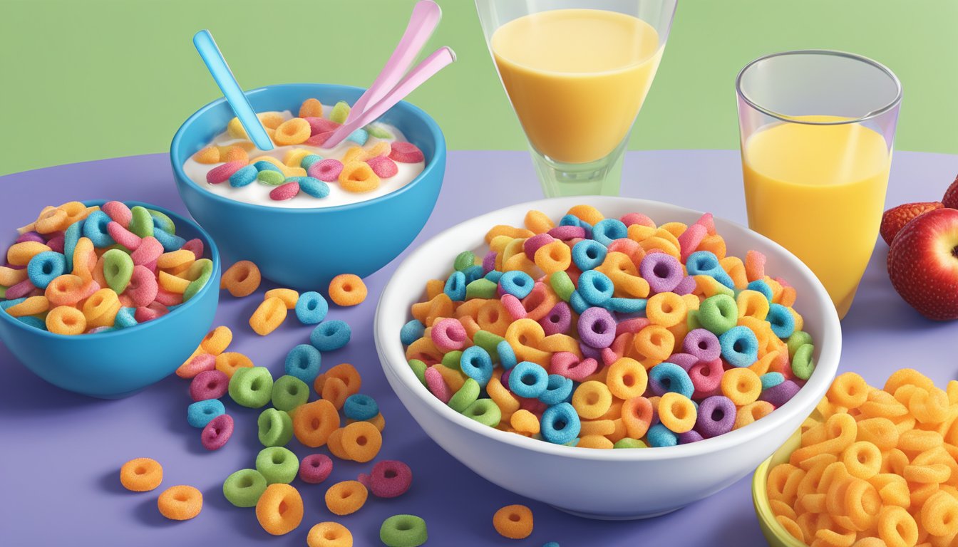 A bowl of Kaboom cereal and a bowl of Kellogg's Froot Loops sit side by side on a table, surrounded by various fruits and a glass of milk