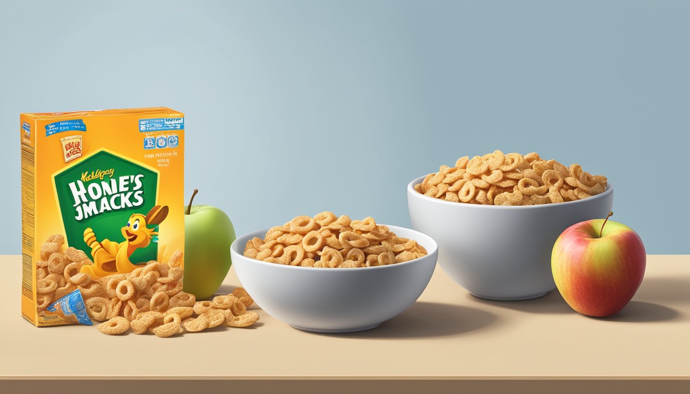 A bowl of Honey Smacks and Kellogg's Apple Jacks side by side, with a measuring tape and a nutrition label next to them for comparison