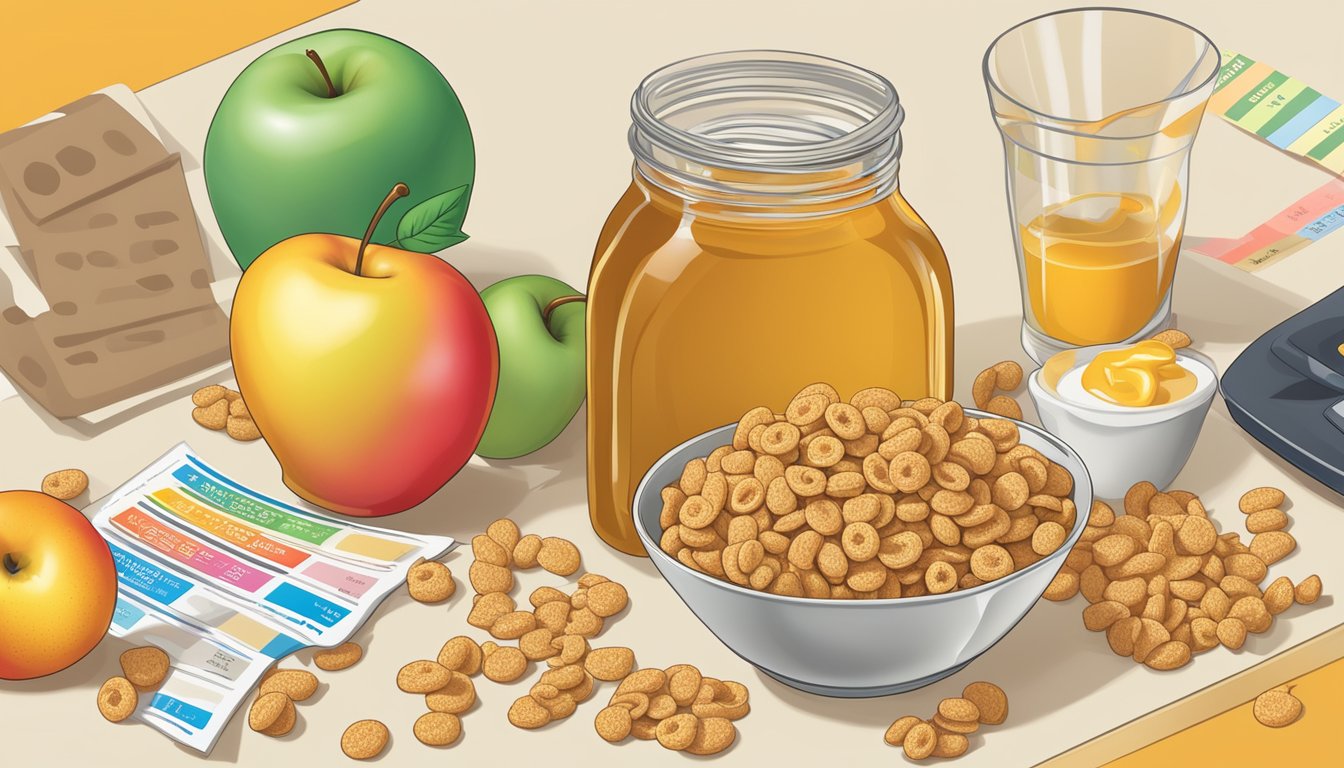 A bowl of Honey Smacks and Apple Jacks surrounded by nutritional labels and a measuring scale