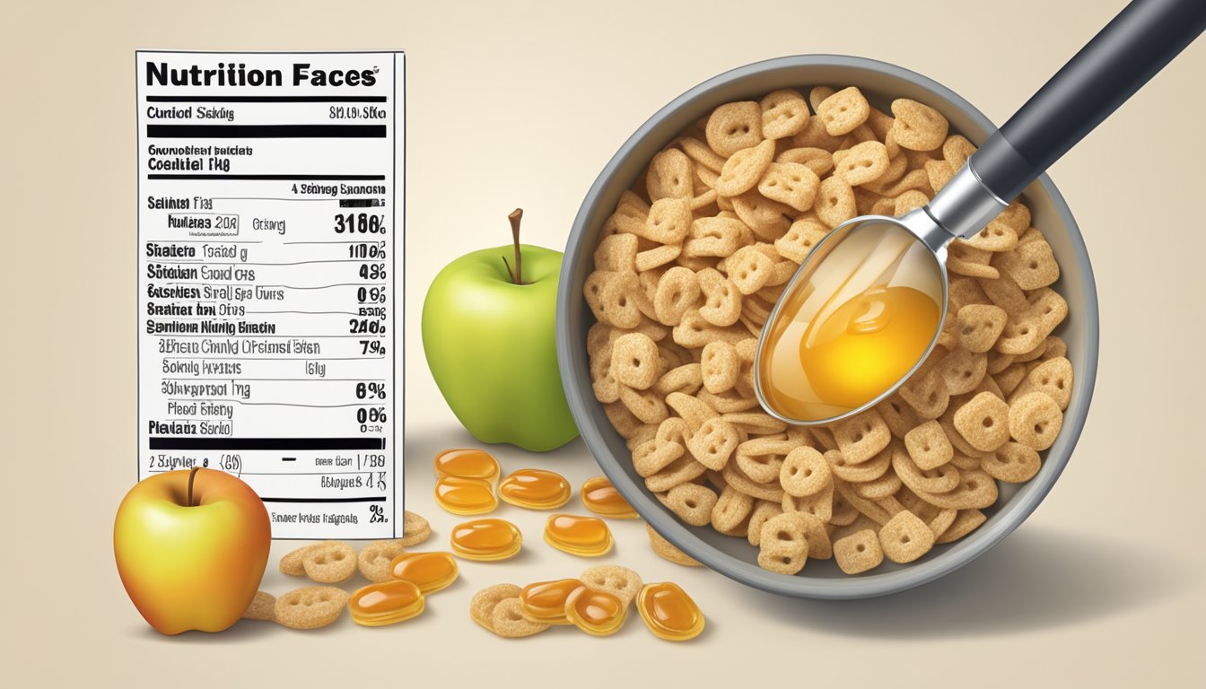 A bowl of honey smacks and apple jacks side by side with a nutrition label and a magnifying glass