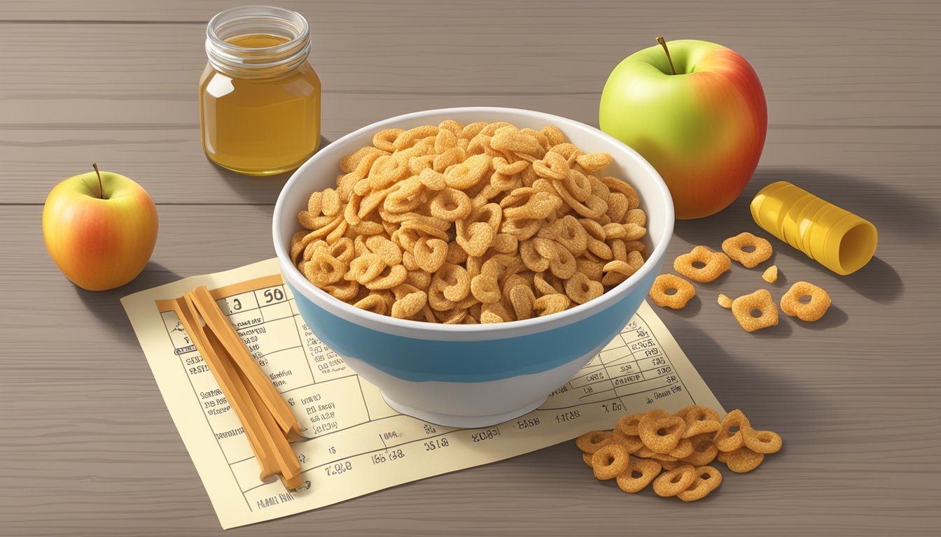 A bowl of Honey Smacks and Apple Jacks next to each other, with a measuring tape and nutritional information displayed nearby