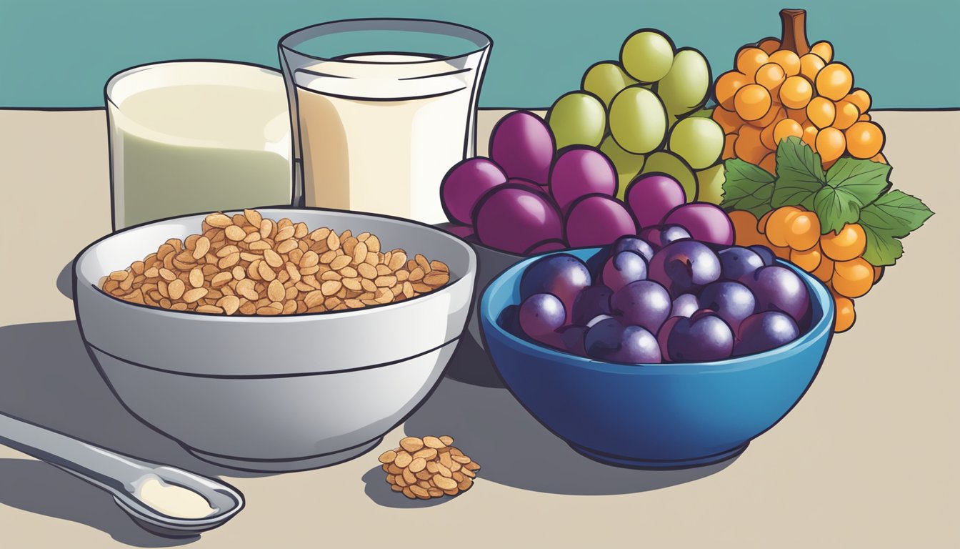 A bowl of kaboom and a bowl of post grape-nut flakes sit side by side, surrounded by fresh fruit and a glass of milk