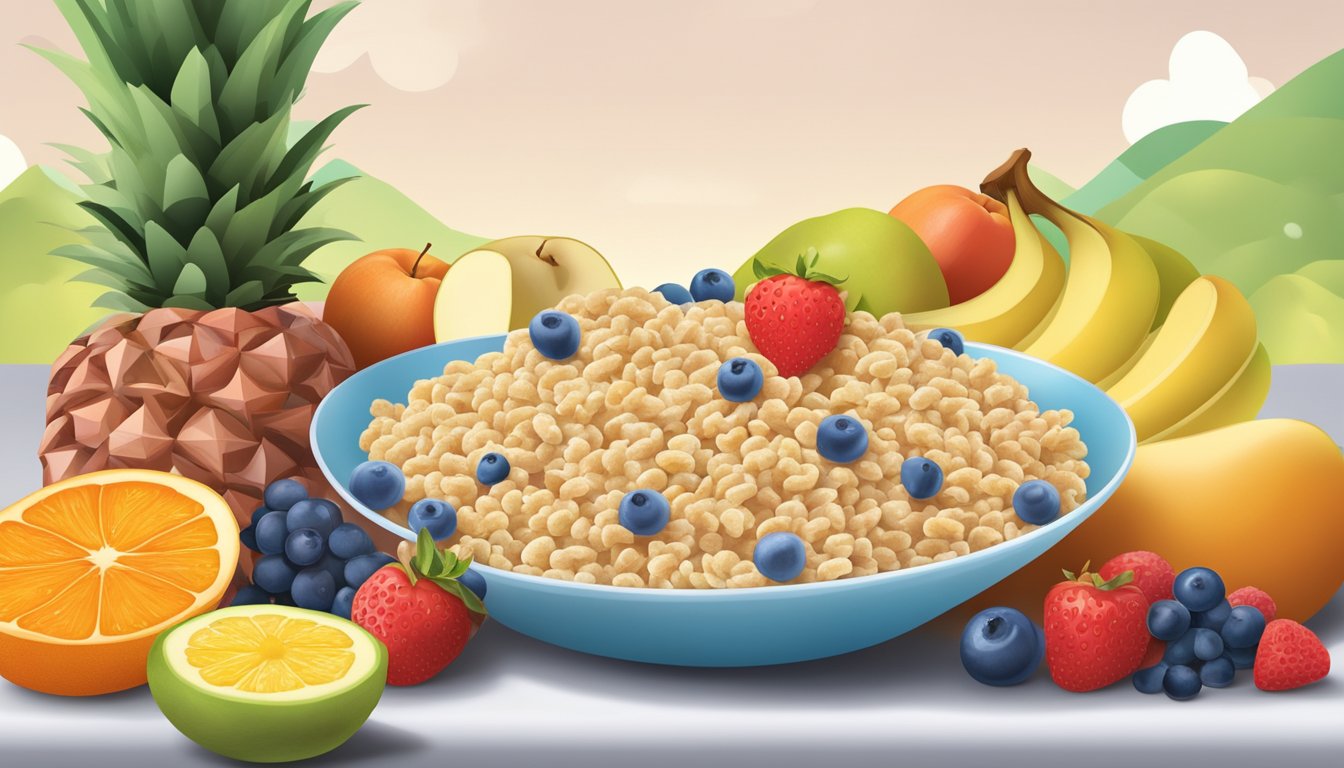 A bowl of Kaboom and Rice Krispies surrounded by a variety of fruits and a glass of milk, representing the role of breakfast cereals in a balanced diet