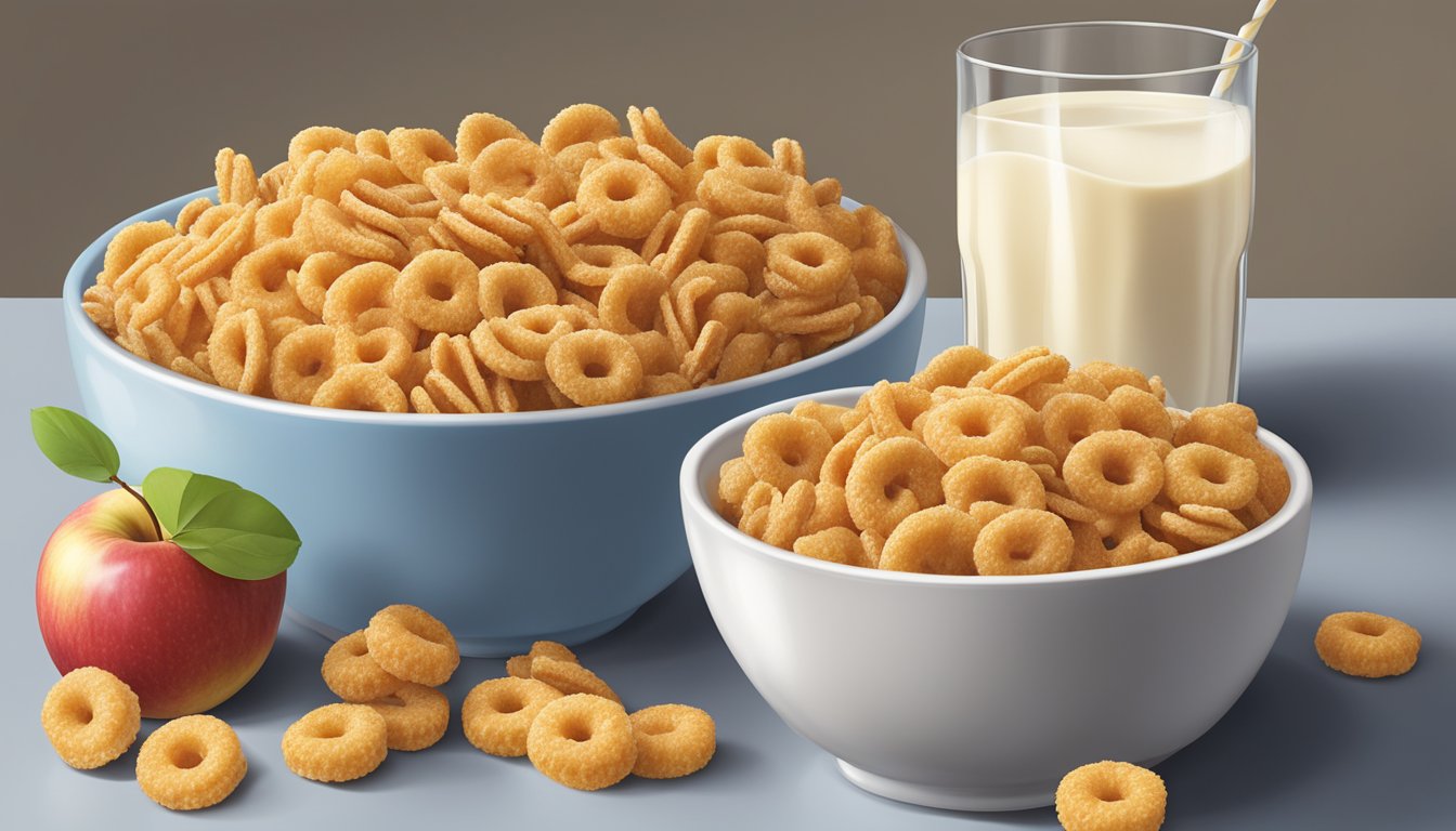 A bowl of Honey Smacks and Apple Jacks side by side, surrounded by fresh fruit and a glass of milk