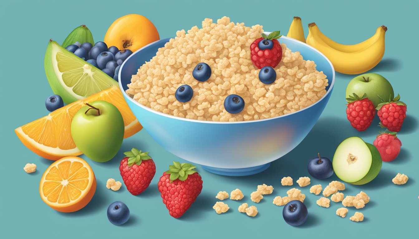 A bowl of Kaboom and Rice Krispies surrounded by various fruits and a measuring tape