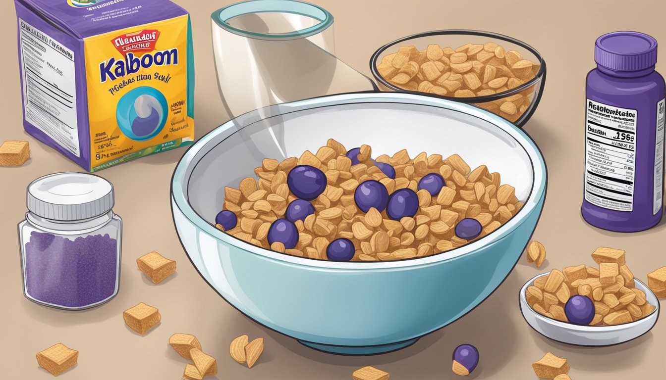 A bowl of Kaboom and Post Grape-Nut Flakes with nutrition labels and a magnifying glass comparing ingredients