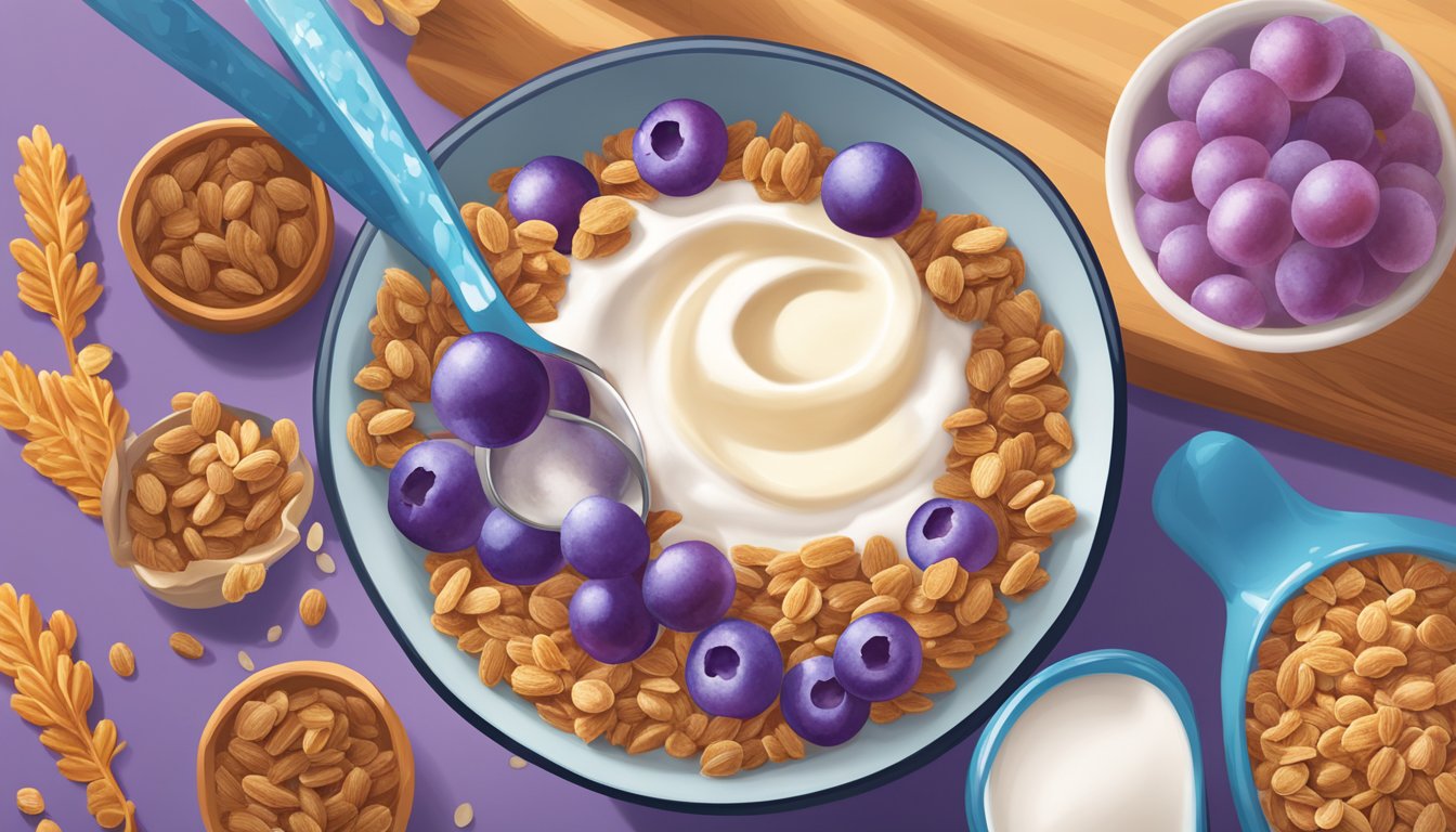 A bowl of Kaboom and Post Grape-Nut Flakes side by side, with a spoon and milk nearby. The vibrant colors and textures of the cereals are highlighted