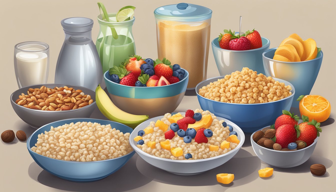 A table set with a variety of healthy breakfast options, including a bowl of kaboom and a bowl of rice krispies, surrounded by fresh fruits and nuts