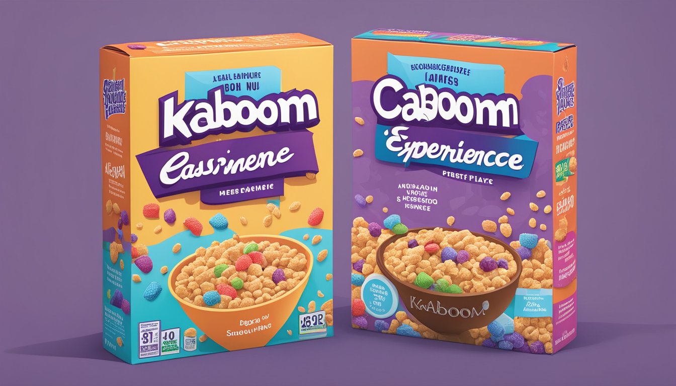 Two cereal boxes side by side, one labeled "Consumer Experience Kaboom" with bright colors and bold fonts, the other labeled "Post Grape-Nut Flakes" with a more subdued design