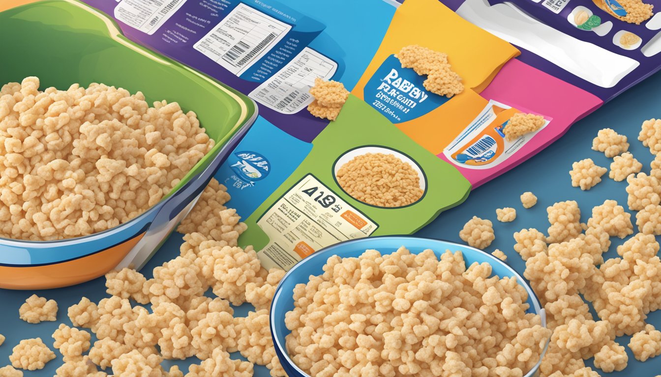 A bowl of Kaboom and Rice Krispies surrounded by nutritional labels and a scale