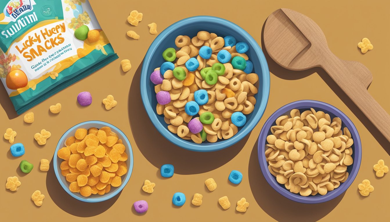 A bowl of Honey Smacks and Lucky Charms side by side, with a measuring tape and a pile of fruit next to them for comparison