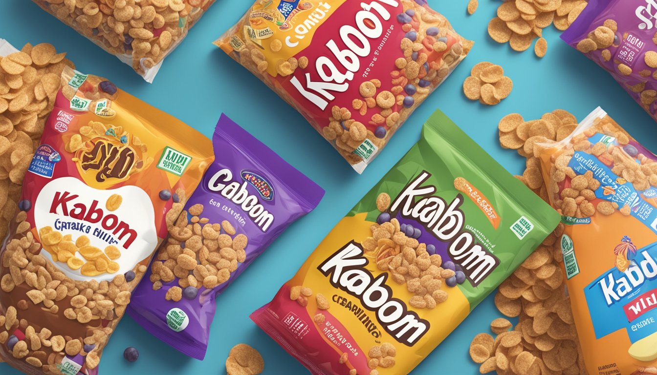 A bustling market with two distinct cereal brands displayed side by side. One is labeled "kaboom" with bold, vibrant packaging, while the other is "post grape-nut flakes" with a more subdued, natural aesthetic