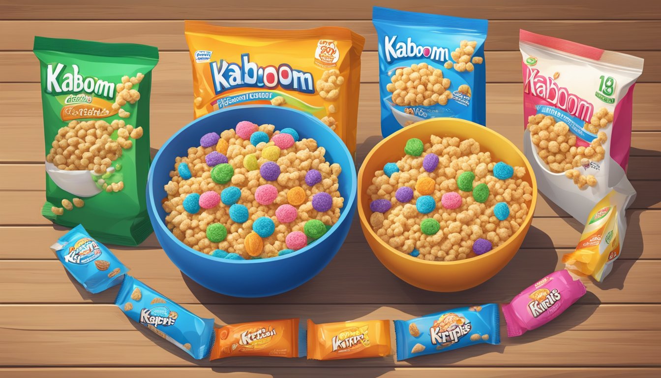 A colorful bowl of kaboom cereal and rice krispies with various alternative milk options on a wooden table