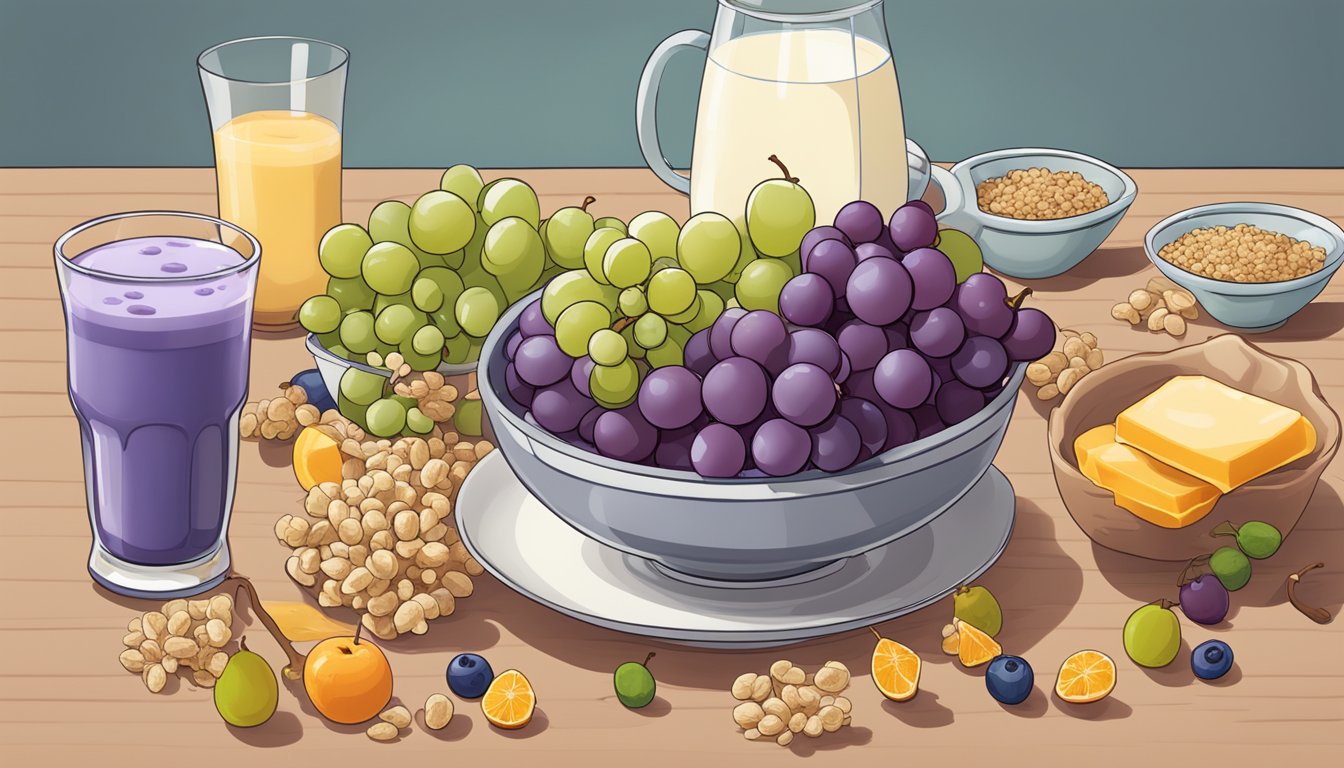 A bowl of Conclusion Kaboom and Post Grape-Nut Flakes side by side, surrounded by various fruits and a glass of milk