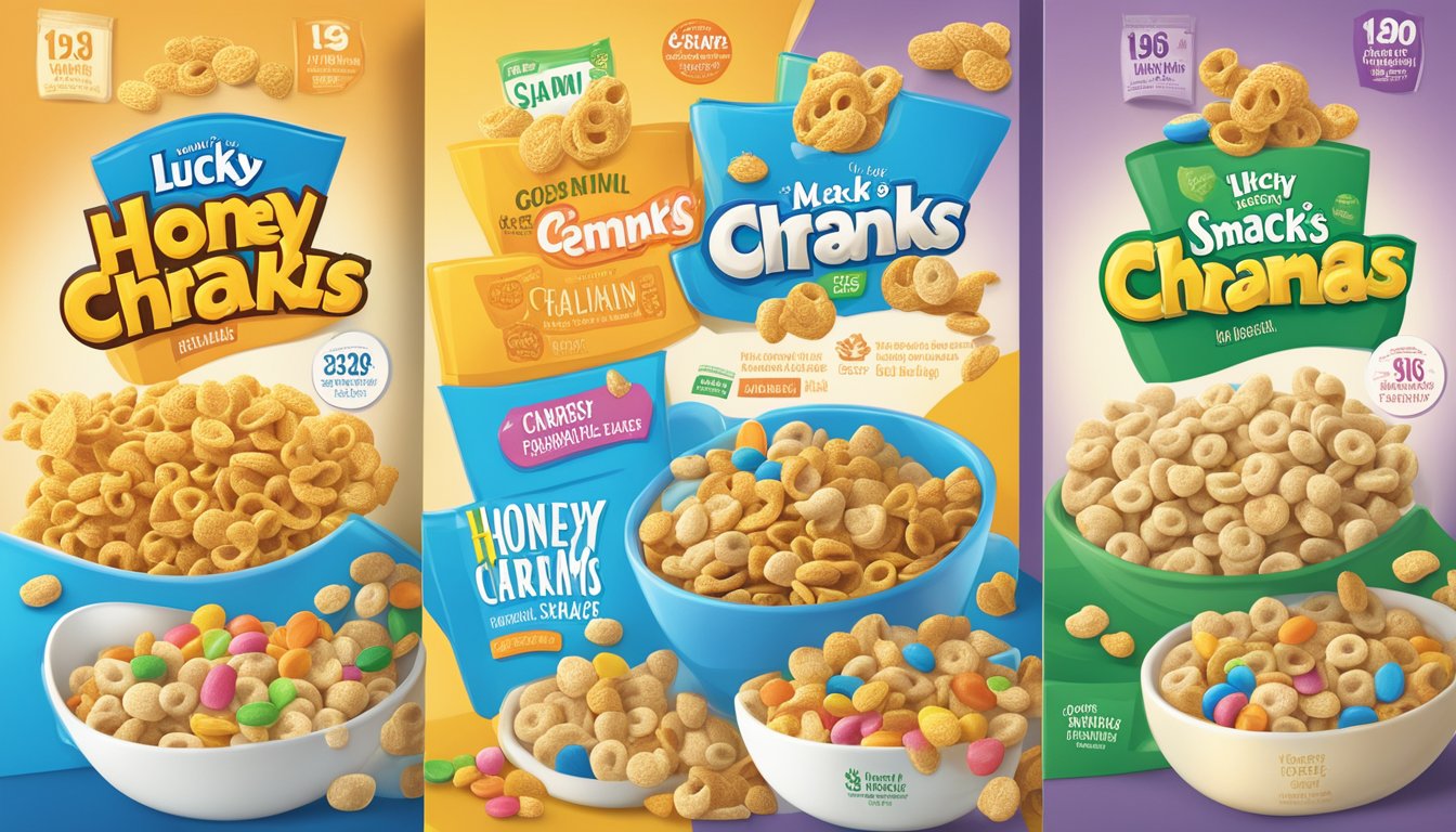 A comparison of honey smacks and lucky charms cereal boxes with nutritional labels and ingredients displayed