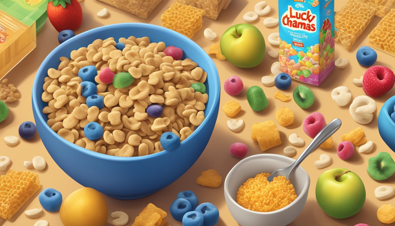 A bowl of honey smacks and lucky charms next to each other, surrounded by fresh fruits and whole grain cereal boxes