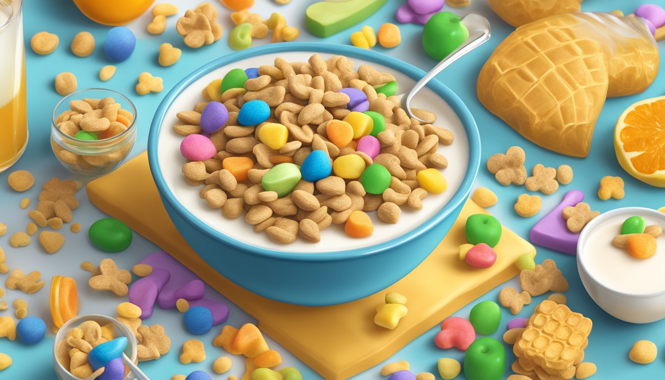 A bowl of Honey Smacks and Lucky Charms side by side, surrounded by fresh fruits and a glass of milk, with a nutrition label in the background