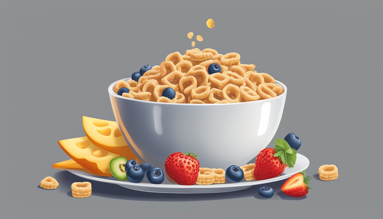 A bowl of Kaboom cereal surrounded by fresh fruits and a glass of milk, contrasting with a bowl of Waffle Crisp cereal with syrup drizzling over it