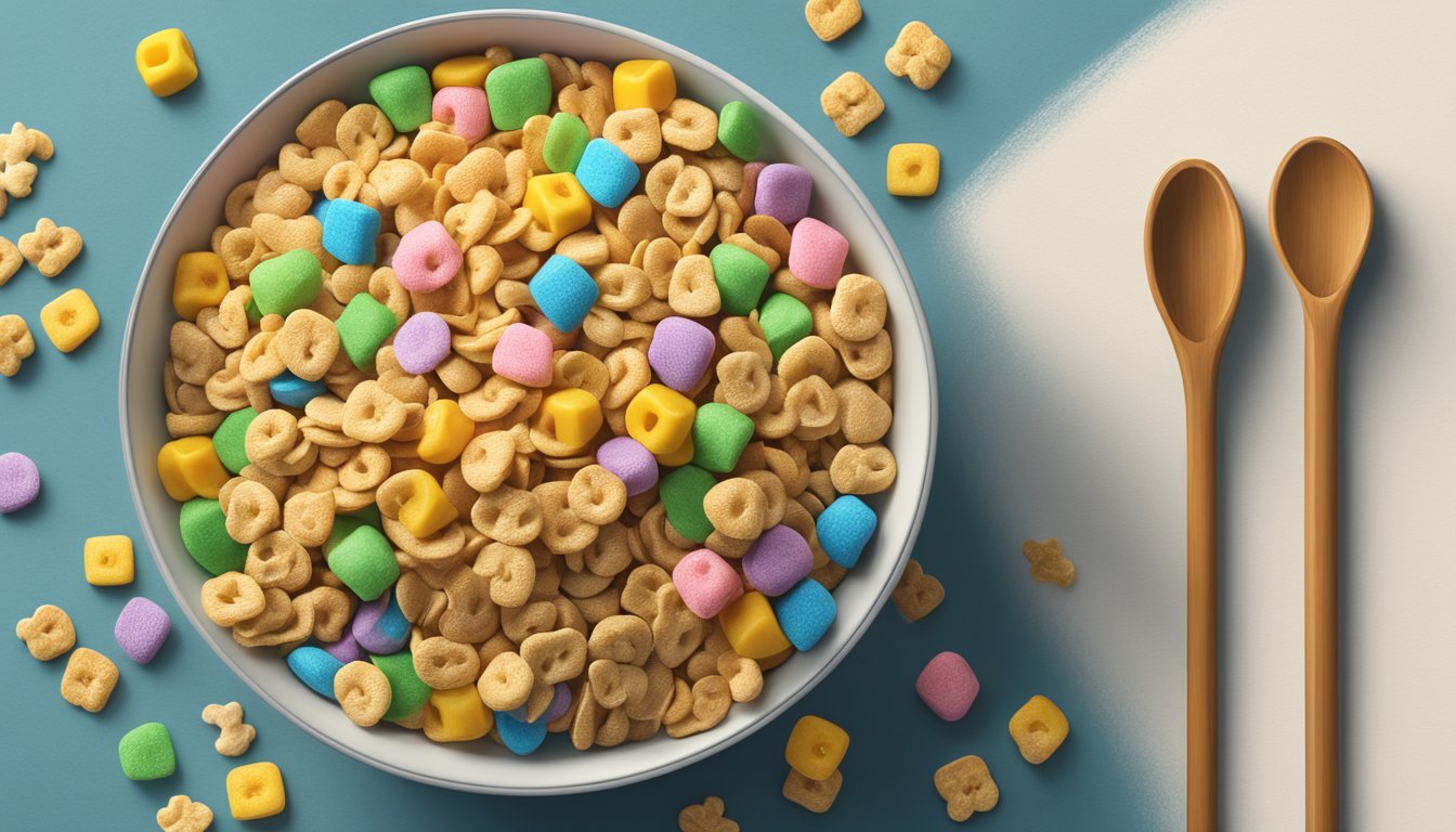 A bowl of honey smacks and lucky charms side by side, with a measuring tape and nutritional information nearby