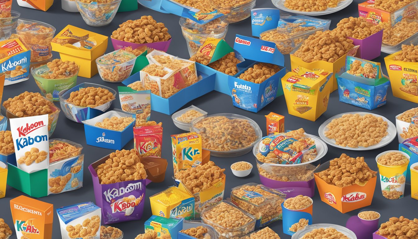 A table with boxes of Kaboom and Special K cereal, surrounded by historical images and brand logos