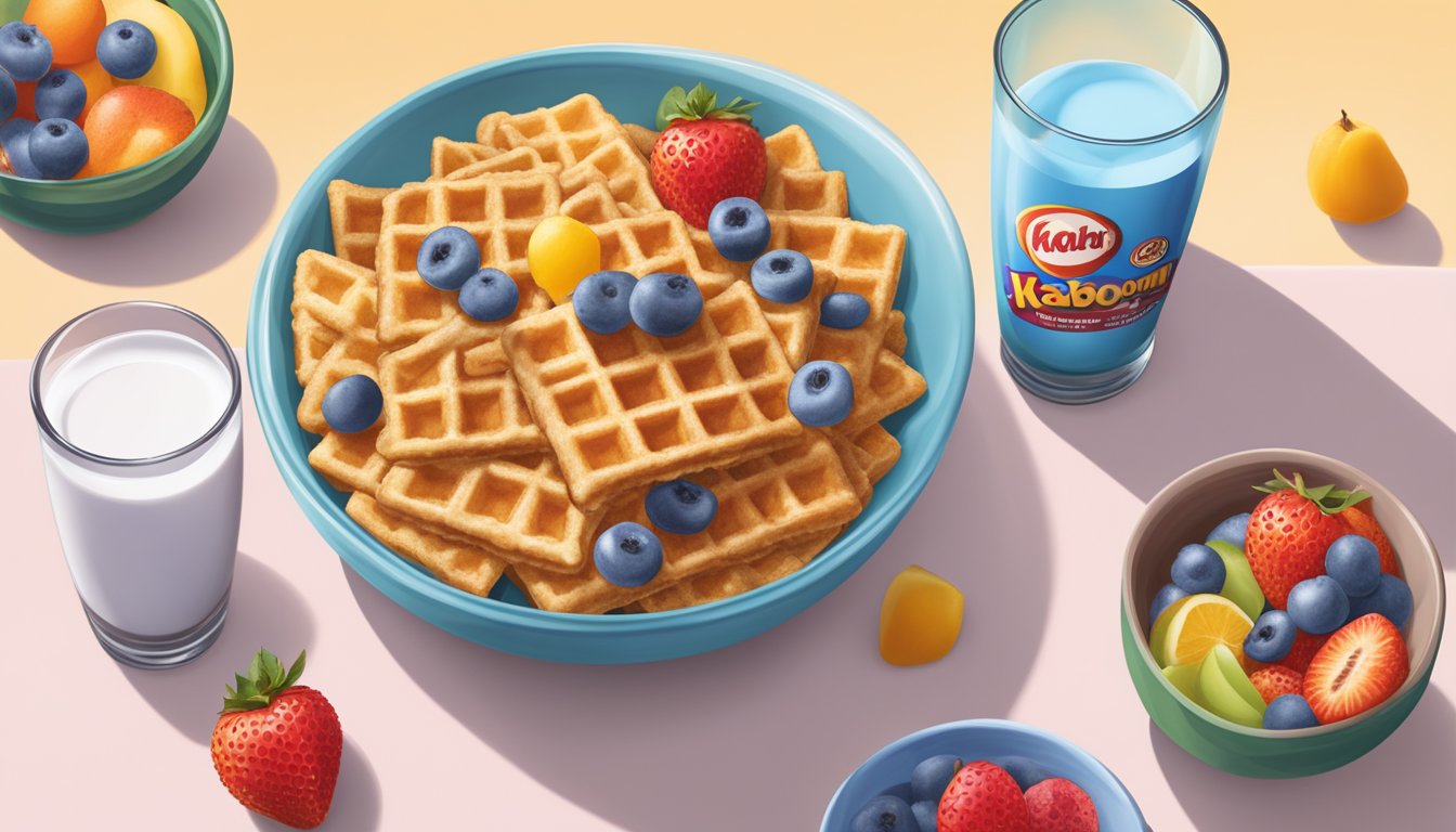 A bowl of Kaboom and Waffle Crisp cereal side by side, surrounded by various fruits and a glass of milk