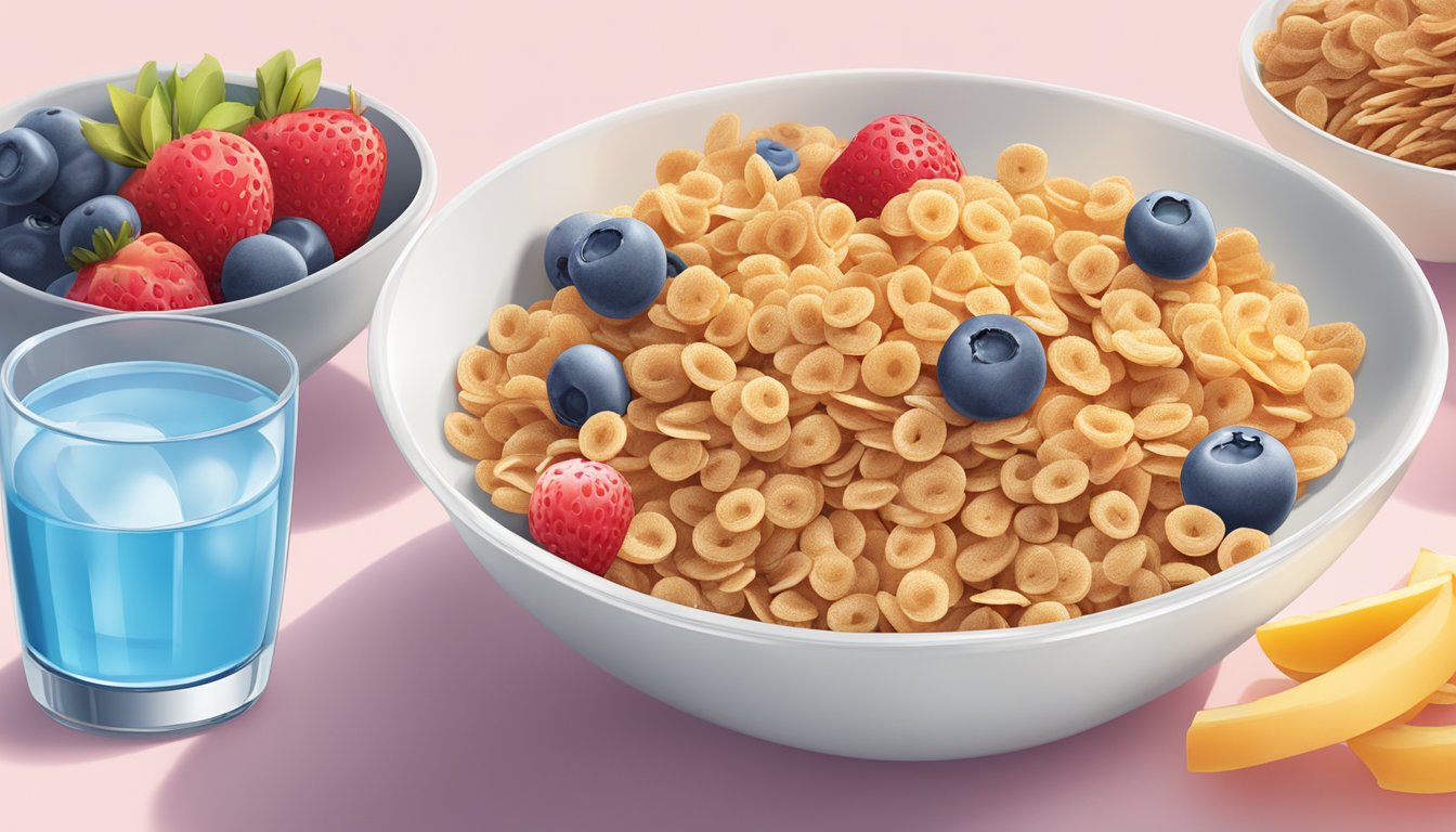 A bowl of kaboom cereal next to a bowl of Special K, surrounded by fresh fruits and a glass of water