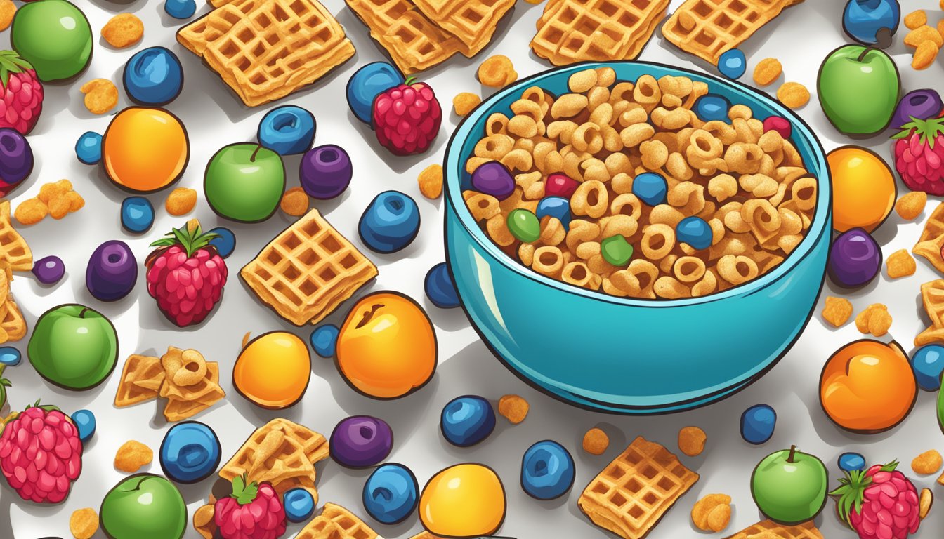 A bowl of Kaboom cereal surrounded by colorful fruit and a bowl of Waffle Crisp cereal with a glass of milk