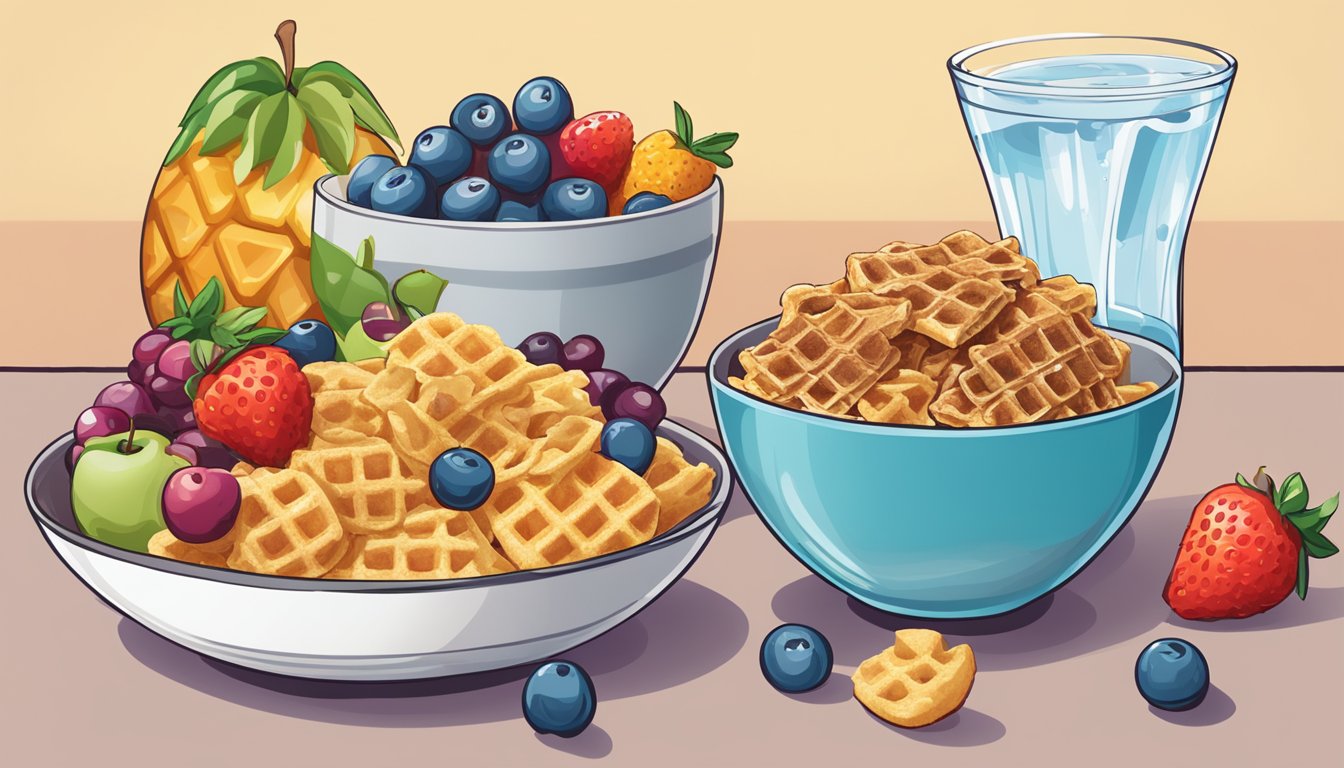 A bowl of Kaboom cereal next to a bowl of Waffle Crisp, surrounded by fruits and a glass of water