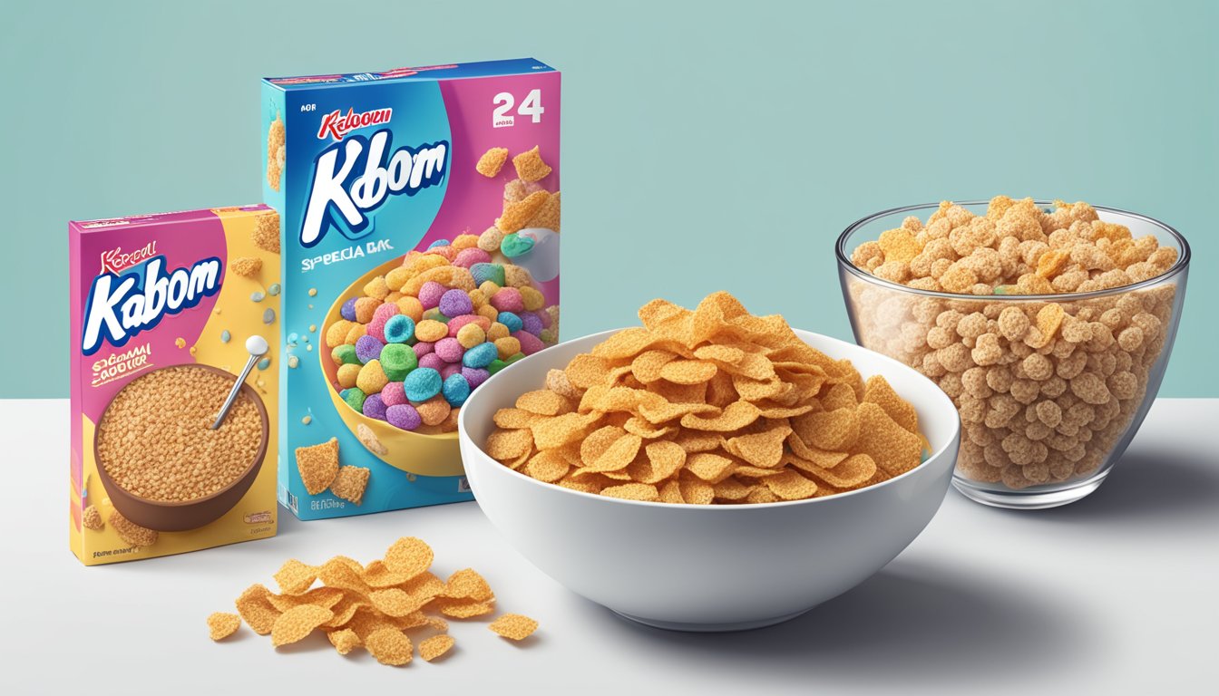 A bowl of Kaboom cereal next to a bowl of Special K, with a pile of sugar and additives next to them for comparison