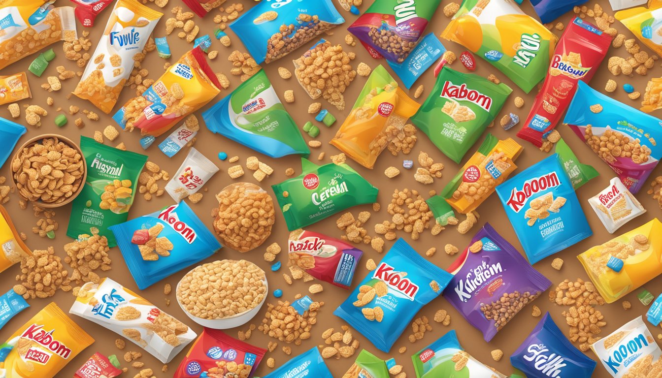 A colorful explosion of cereal boxes with nutritional labels and ingredients scattered around, showcasing the variety of options between Flavors and Variations Kaboom and Special K