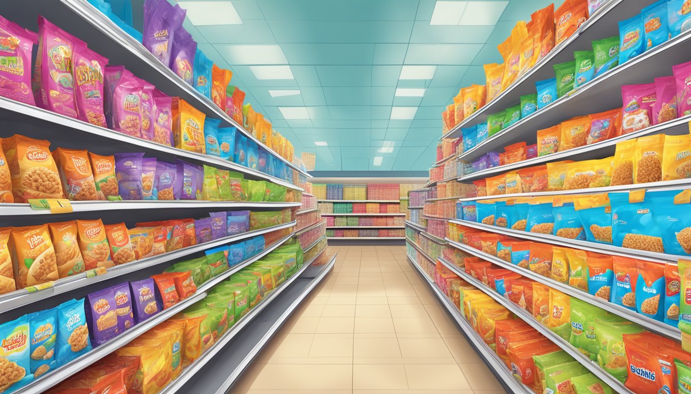 A colorful cereal aisle with vibrant packaging for Kaboom and Waffle Crisp, emphasizing branding and marketing impact on consumer choices