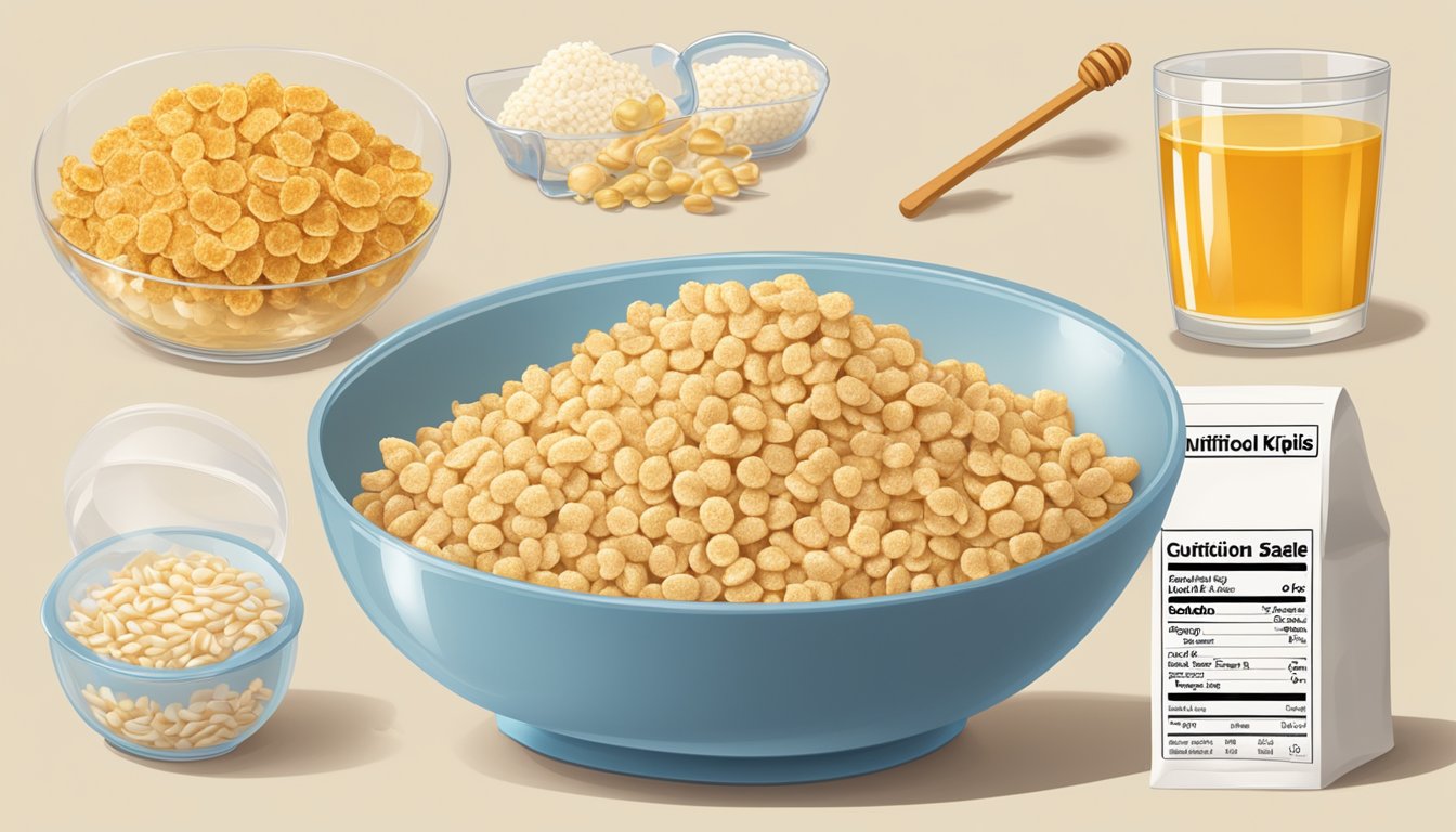 A bowl of Honey Smacks and Rice Krispies side by side, surrounded by nutritional labels and a scale for comparison