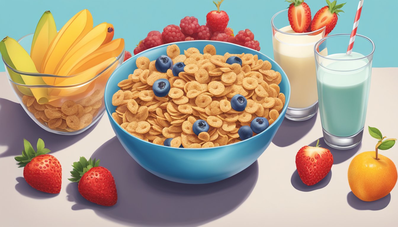 A bowl of Kaboom and Special K cereal side by side, surrounded by various fruits and a glass of milk