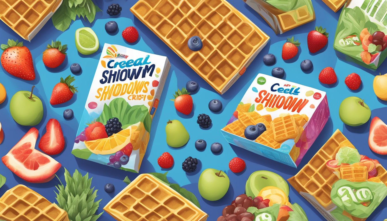 A colorful cereal showdown: Kaboom and Waffle Crisp boxes surrounded by fruits, veggies, and a nutrition chart