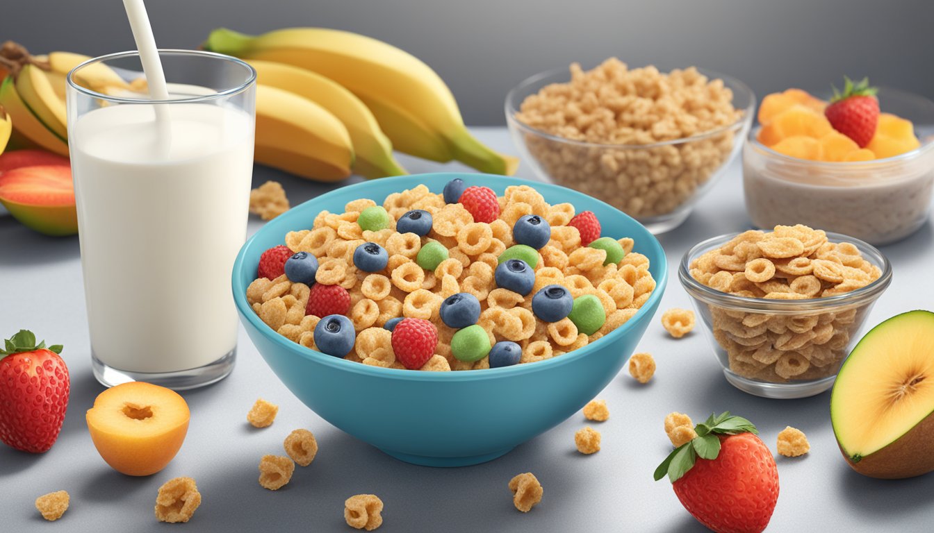 A bowl of Conclusion Kaboom cereal and a bowl of Special K cereal side by side, surrounded by various fruits and a glass of milk