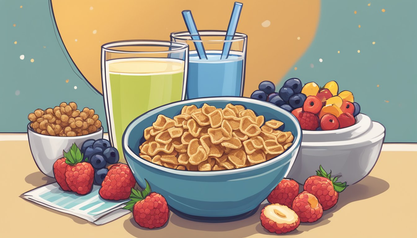 A bowl of kaboom cereal next to a bowl of waffle crisp, surrounded by fresh fruit and a glass of milk