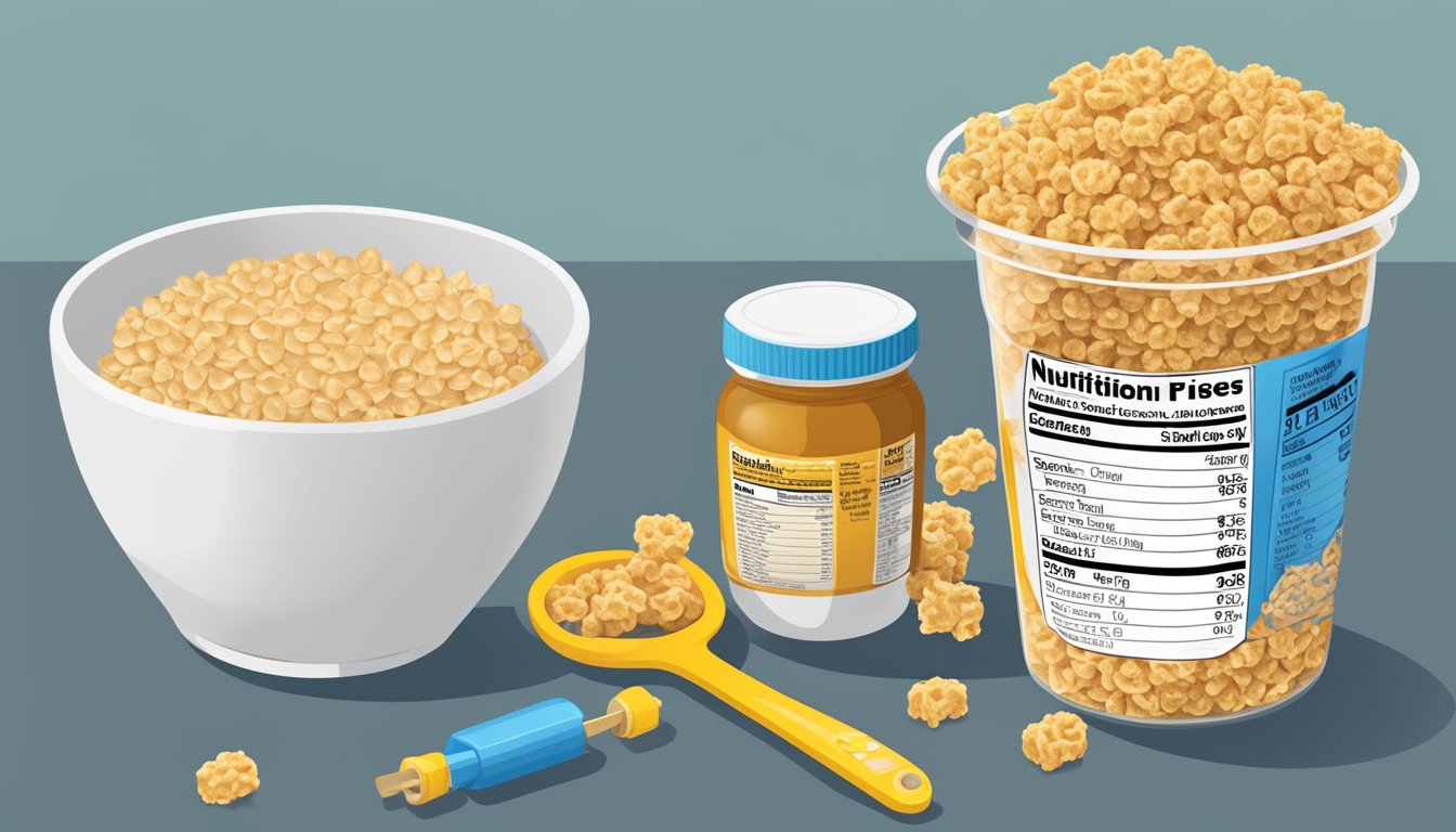 A bowl of Honey Smacks and Rice Krispies next to a measuring tape and a nutrition label