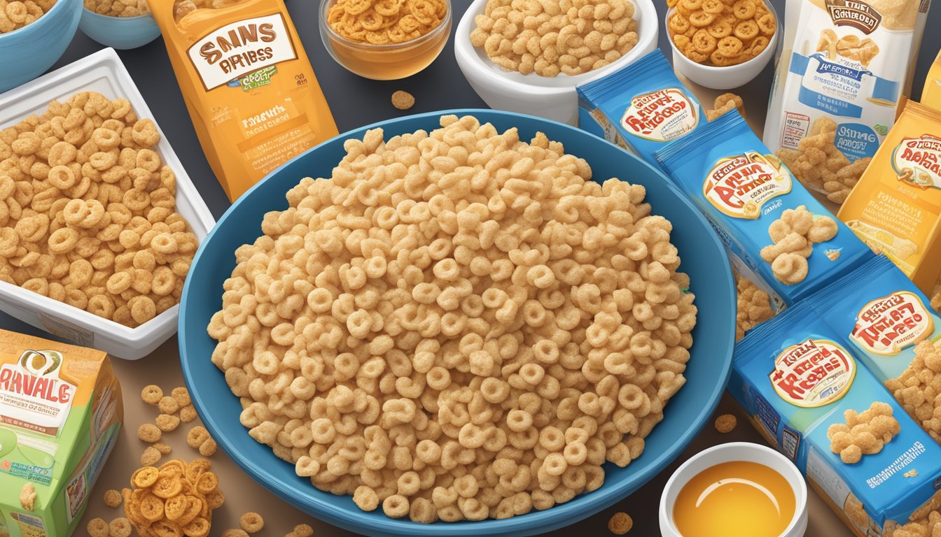 A bowl of honey smacks and rice krispies surrounded by various cereal boxes with nutrition labels and health-related imagery