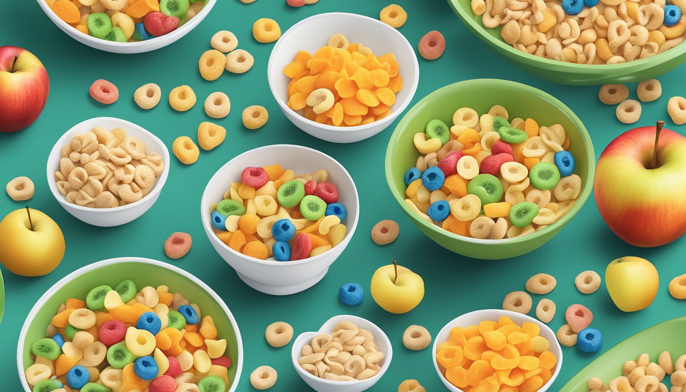 A table with bowls of Kellogg's Apple Jacks and Lucky Charms, surrounded by nutritional labels and fresh fruits