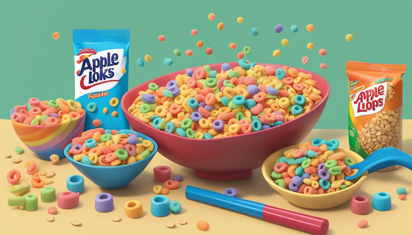 A table with bowls of Kellogg's Apple Jacks and Froot Loops, surrounded by scattered cereal pieces. A nutrition label and measuring tools are nearby