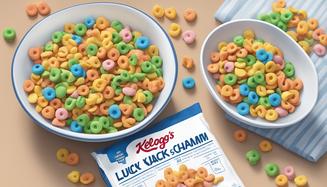 A bowl of Kellogg's Apple Jacks and a bowl of Lucky Charms side by side, with nutrition labels next to each, emphasizing sugar and sodium content