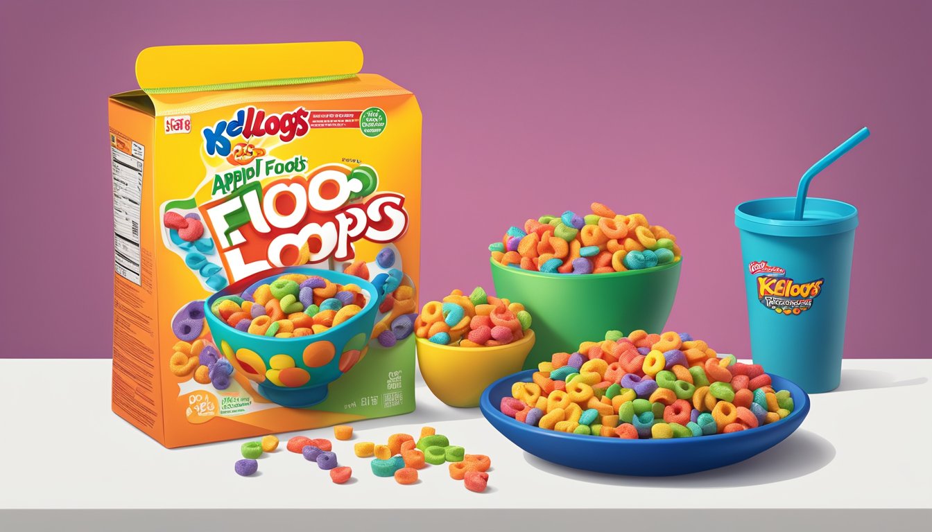 A colorful bowl of Kellogg's Apple Jacks and Froot Loops with a measuring scale and nutritional labels beside them for comparison