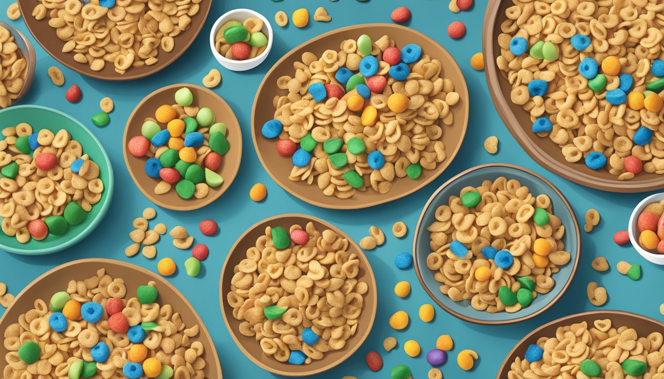 A table with bowls of Kellogg's Apple Jacks and Lucky Charms, surrounded by scattered cereal pieces and nutrition labels